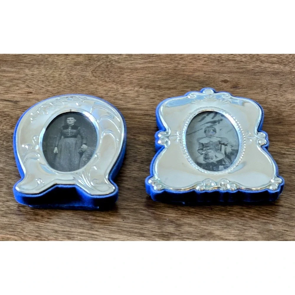 VTG Set Of 2 Silver W/Blue Velvet Backing Picture Frames Antique Prints Included